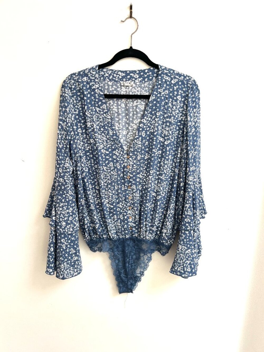 Free People Intimately Floral Bell Sleeve Lace Thong Bodysuit Blue Size S